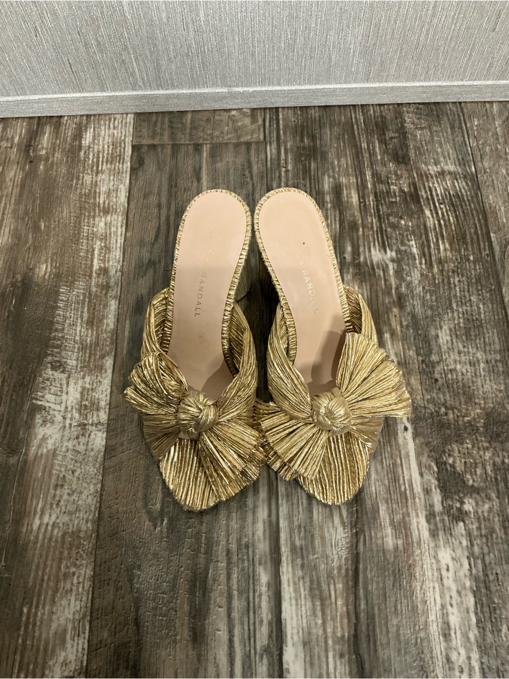 Loeffler Randall Gold Pleated Bow Block Heel Mules Size 6.5 - Picture 15 of 16